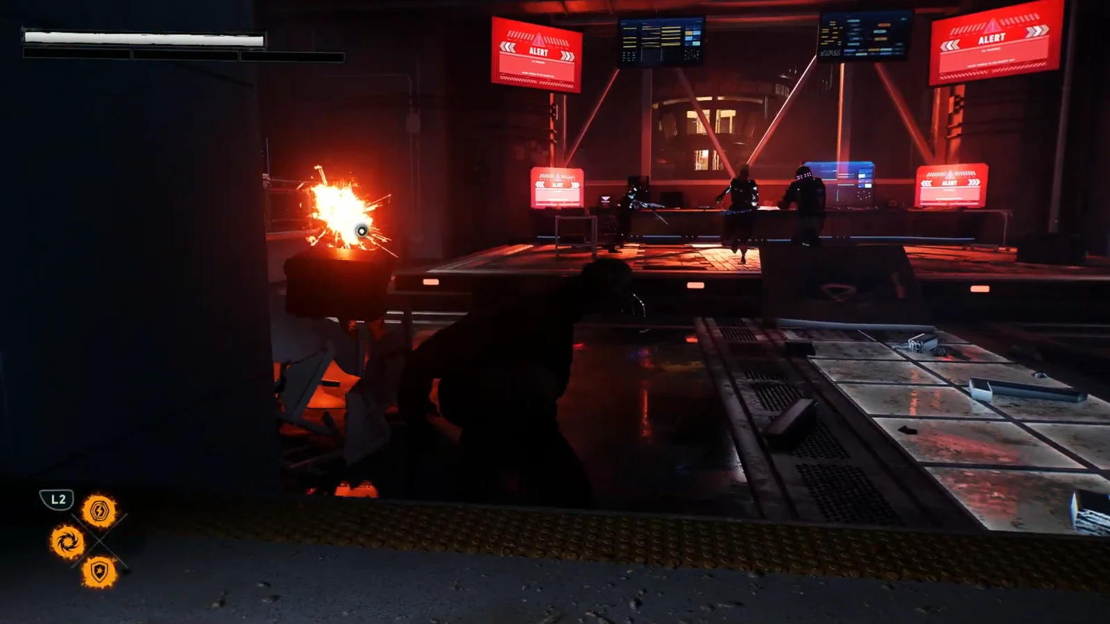 Weapon aimed at armed guards inside a control room lit by alert lighting