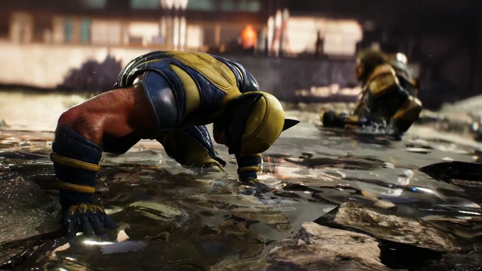 Wolverine getting back up in an underground area after the bridge collapse