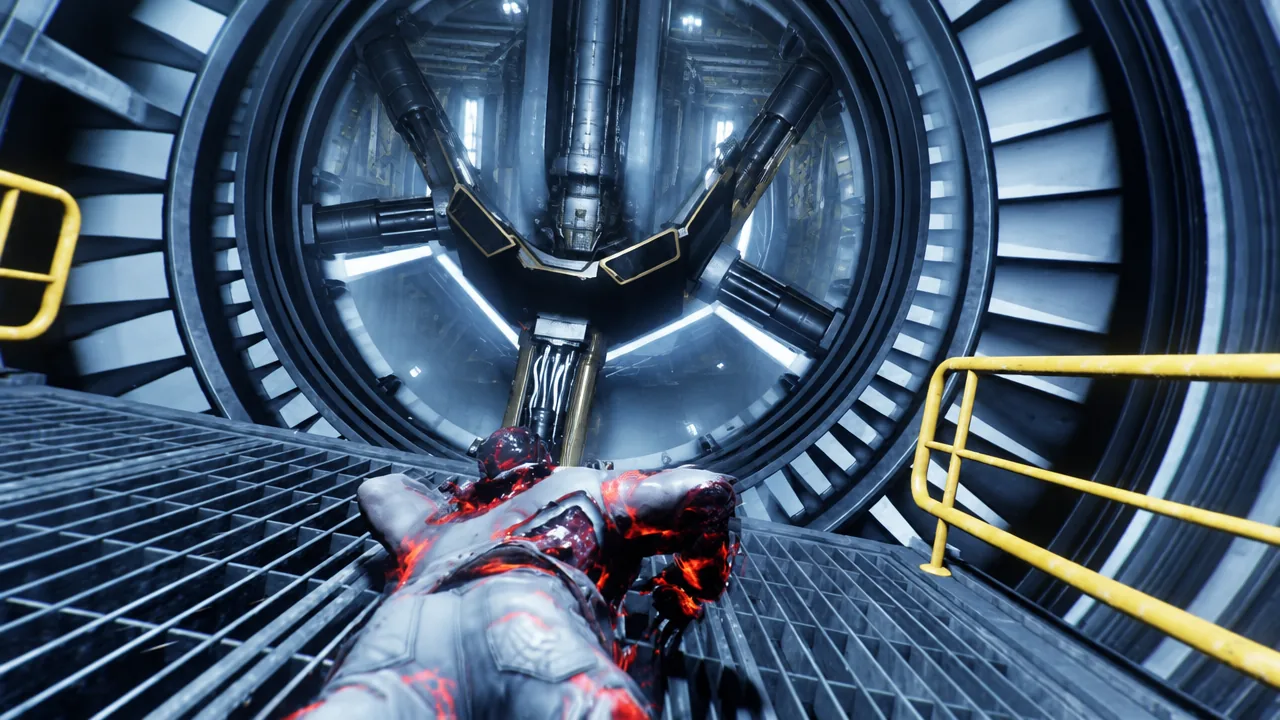 Logan lies on a grated platform under a large mechanical rig after the propulsion tunnel blast