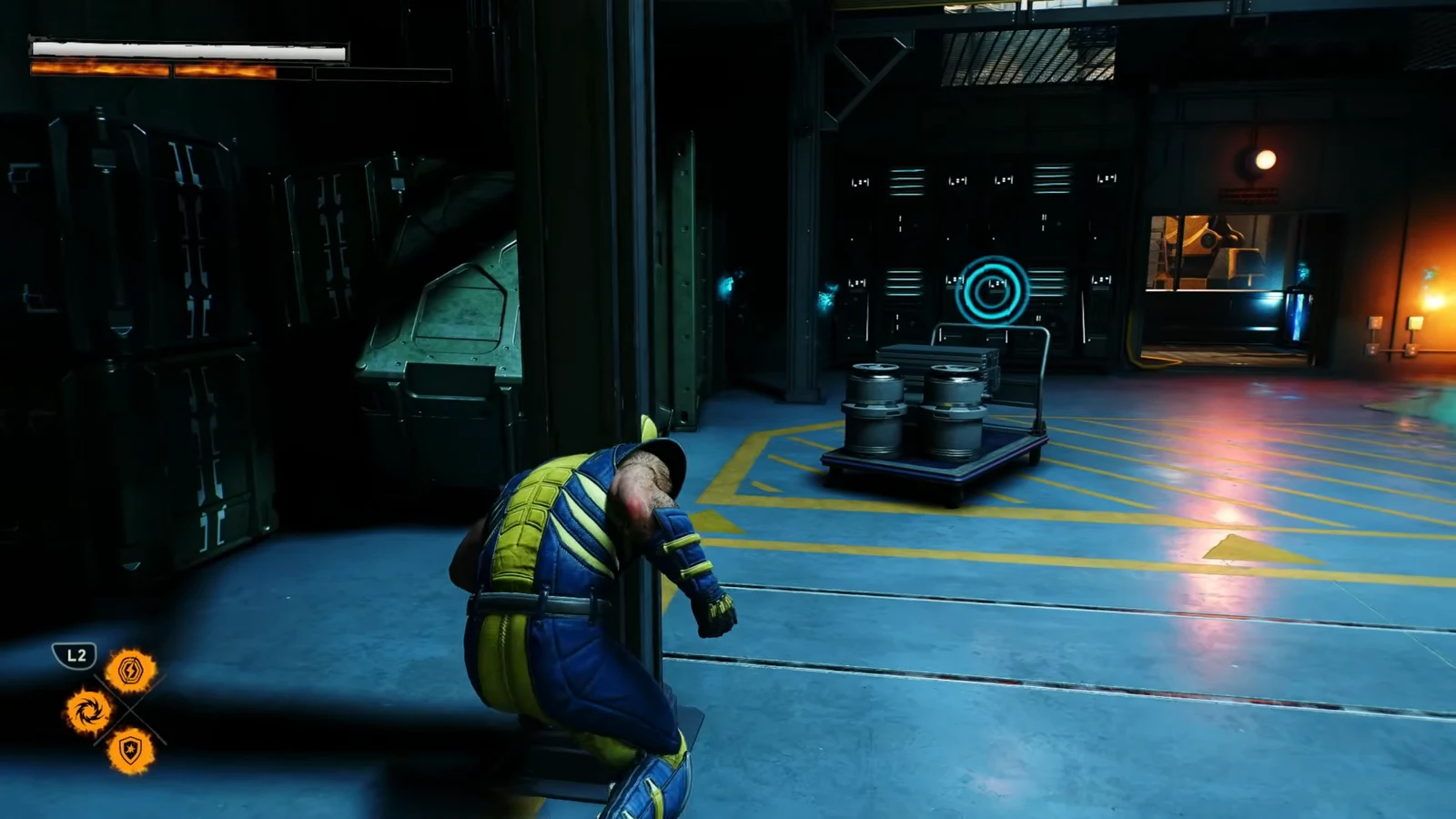 Logan crouches in a doorway and creeps toward an equipment cart in a lit industrial room