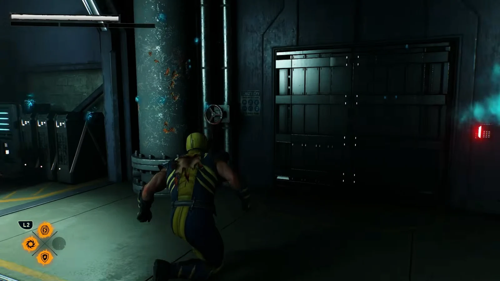 Logan stands at a sealed industrial door next to a glowing red keypad inside the dark Trask facility