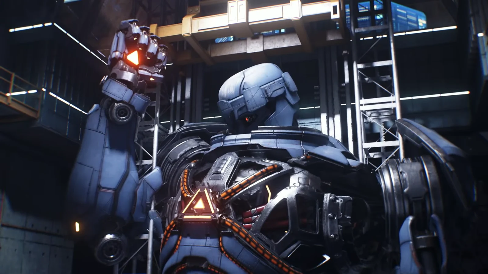 Mystique opens fire on the towering Sentinel Prototype inside the hangar as phase one starts