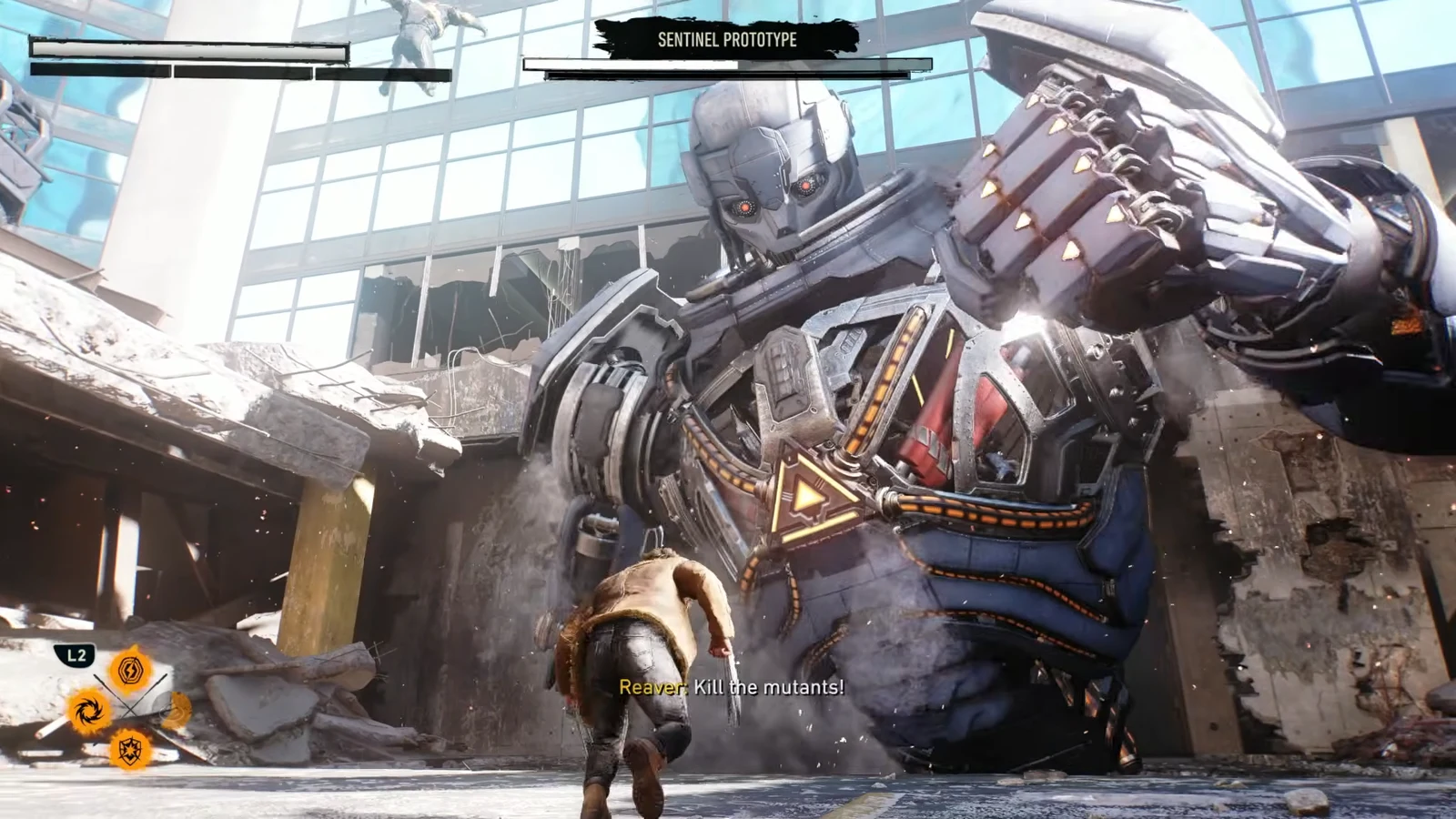 A Reaver moves in during the outdoor Sentinel Prototype fight with the boss health bar on screen