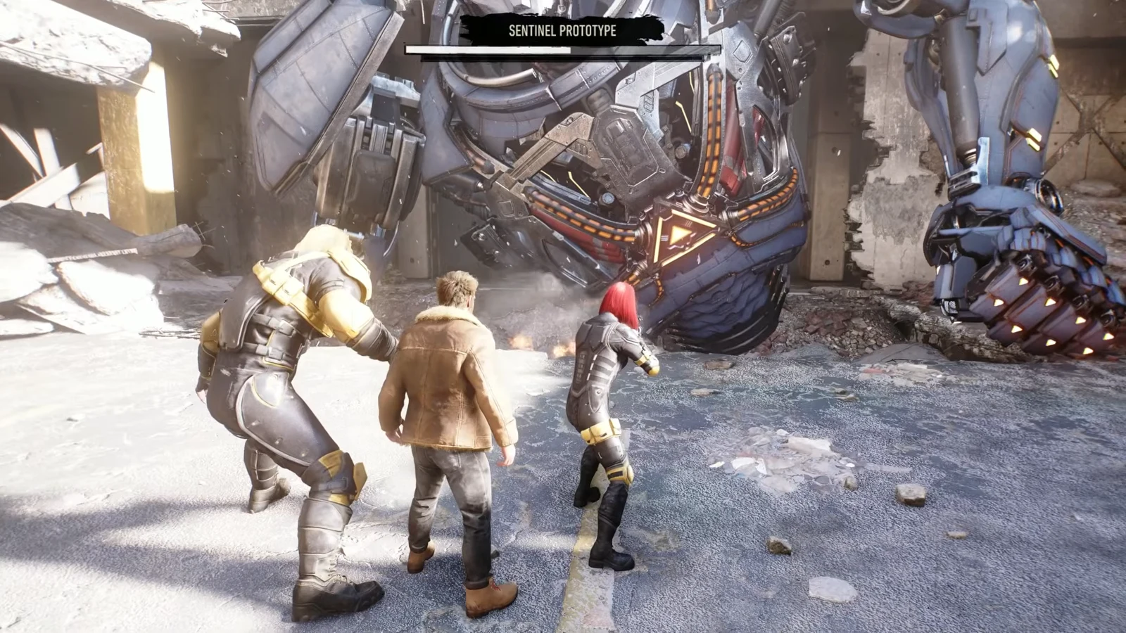 The Sentinel Prototype health bar drops as Logan and his allies tear into the machine in the street