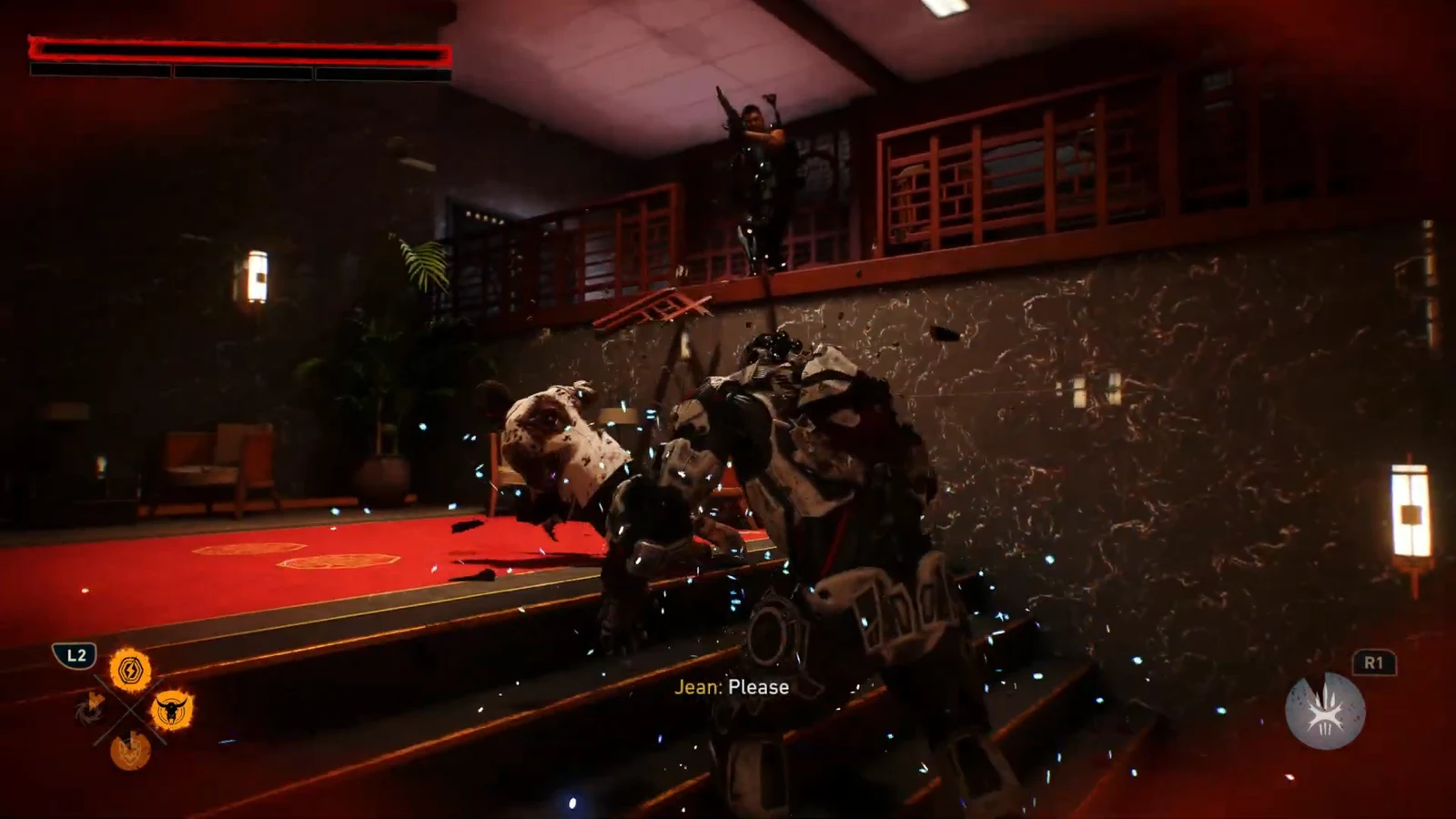 Logan grapples an armored Reaver on the penthouse stairs with health nearly depleted