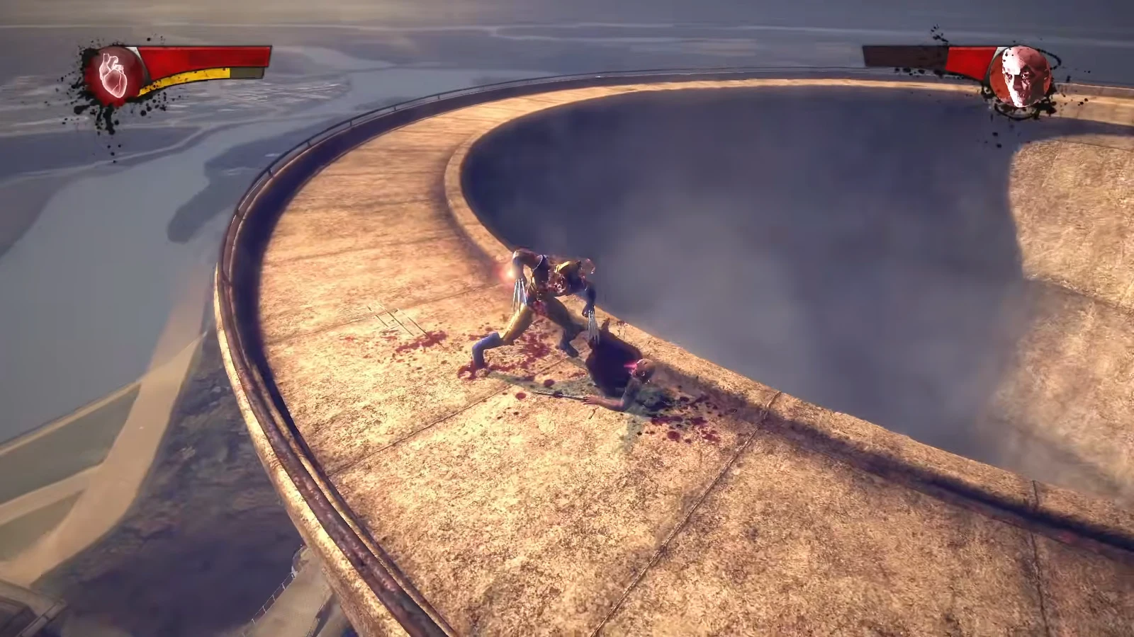 Wolverine attacking a downed Weapon XI on the tower rim with both health bars shown on screen