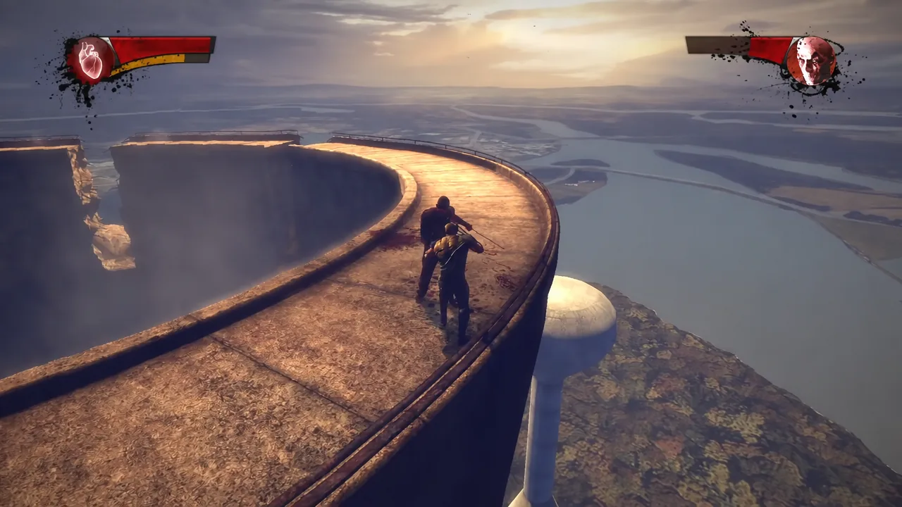 Wolverine grabbing Weapon XI on the curved cooling tower walkway high above the landscape