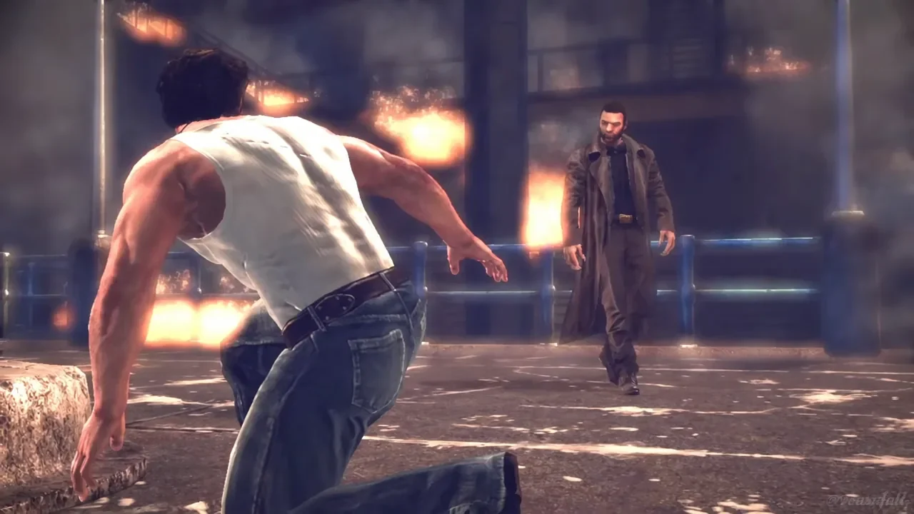 Logan facing Victor Creed among the burning wreckage after the cooling tower collapses