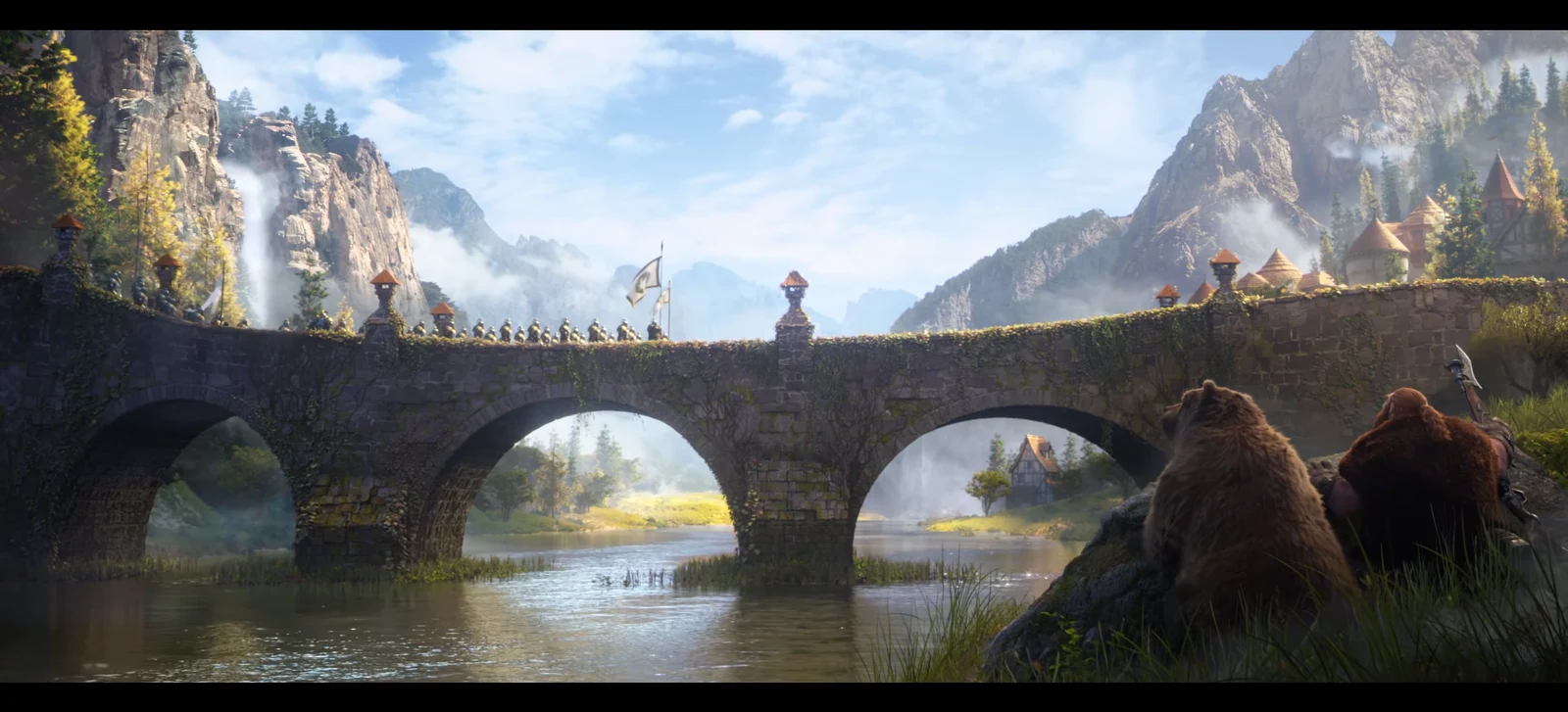 A stone bridge crosses a river through a sunlit meadow, with bears in the foreground and mountains beyond.