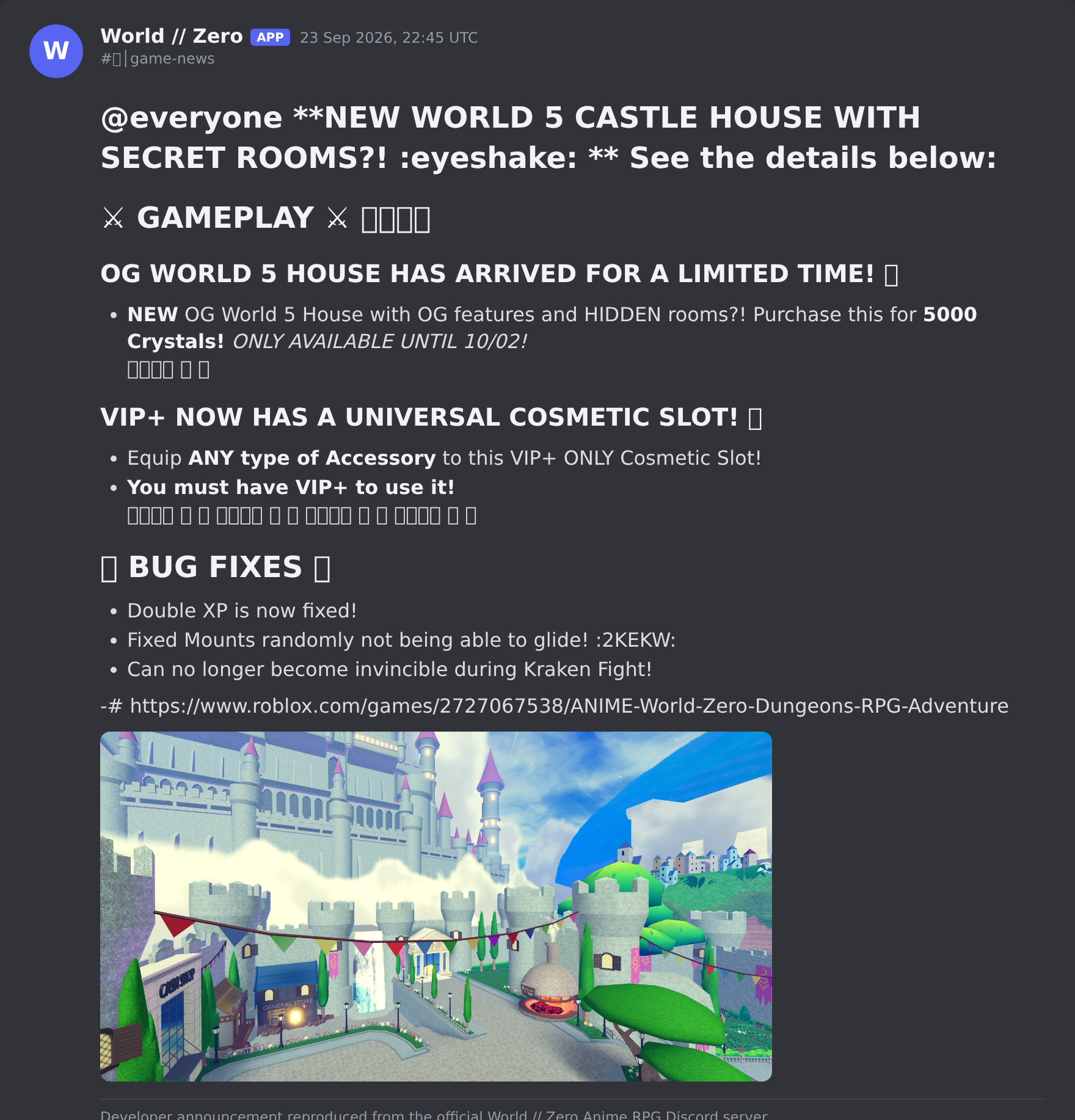 The World // Zero Anime RPG update post in the game's Discord server
