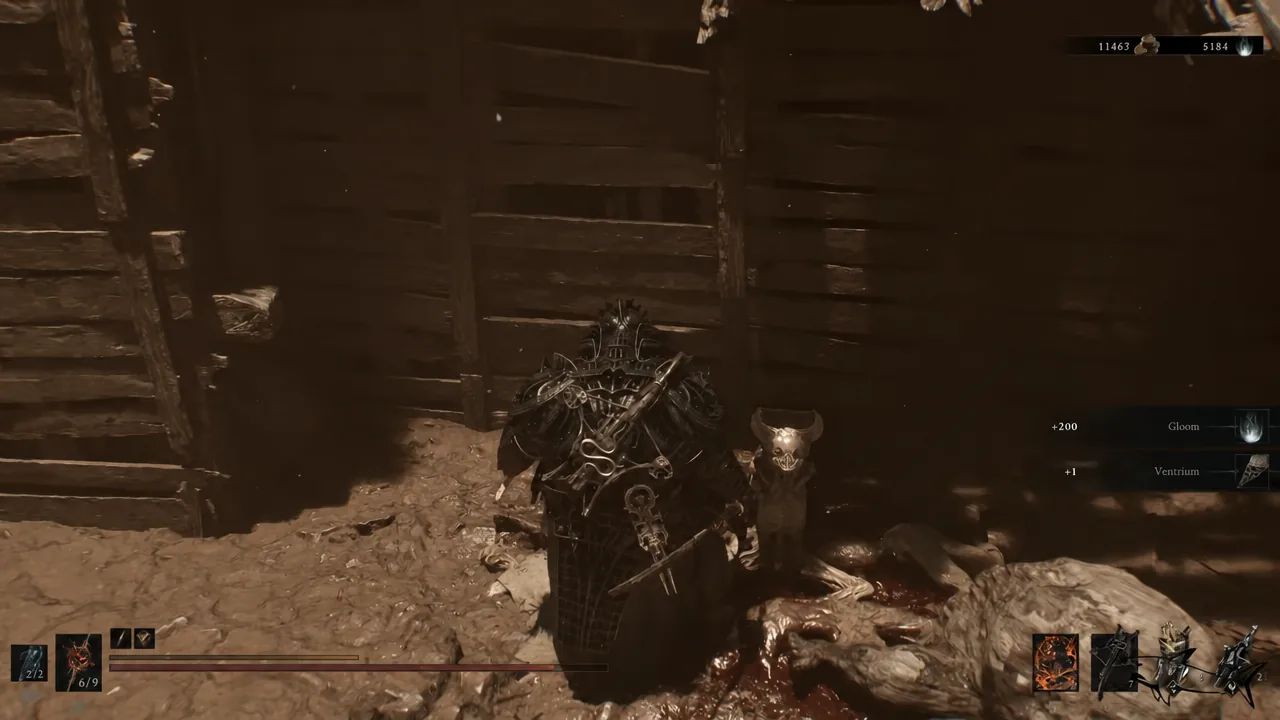 Loot pickup in the mines with Gloom and Ventrium reward notifications on screen