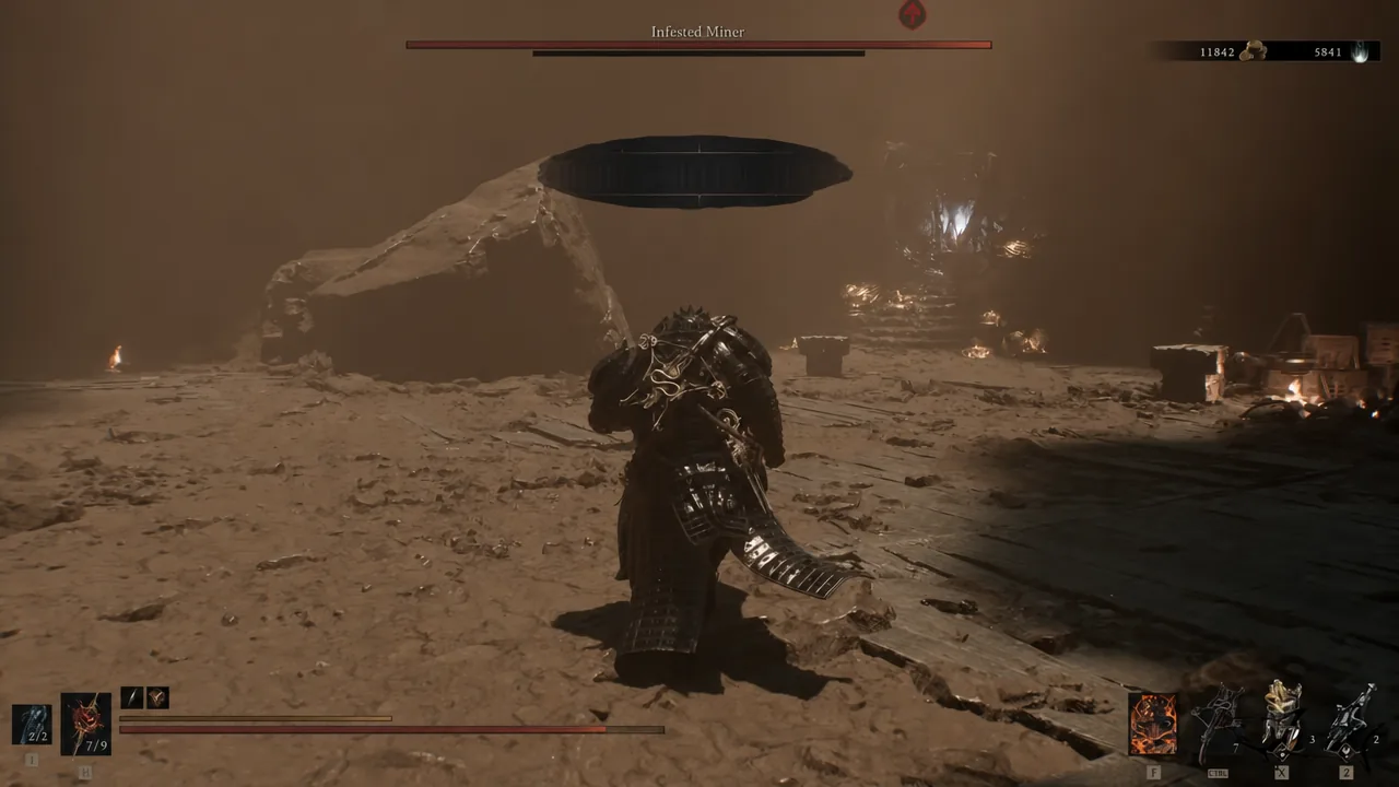 Infested Miner boss health bar displayed during the fight in the Burrowkin Dwelling chamber