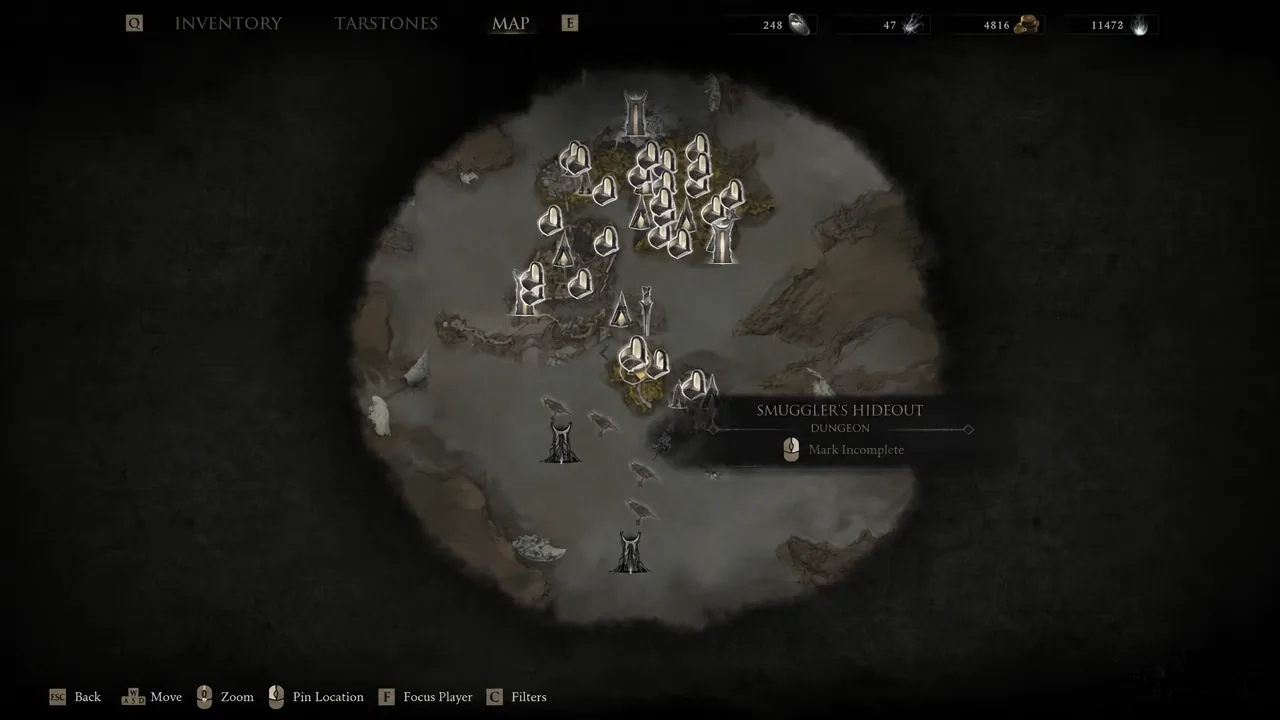 World map screen in Mortal Shell 2 with a Mammon-area dungeon marker selected