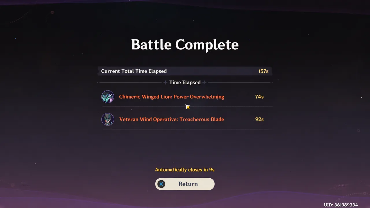 Battle Complete screen with the Return button and a nine-second auto-close timer