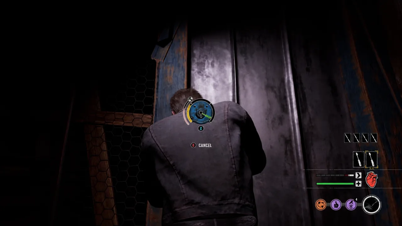 Lockpicking timing gauge on a basement door with the X prompt highlighted