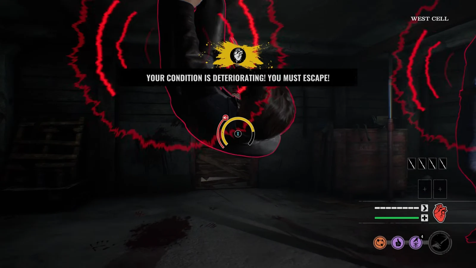 Basement escape prompt in West Cell with the deteriorating condition warning on screen