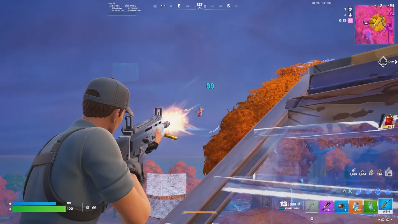 Assault rifle firing at an airborne enemy with a blue 99 damage number shown