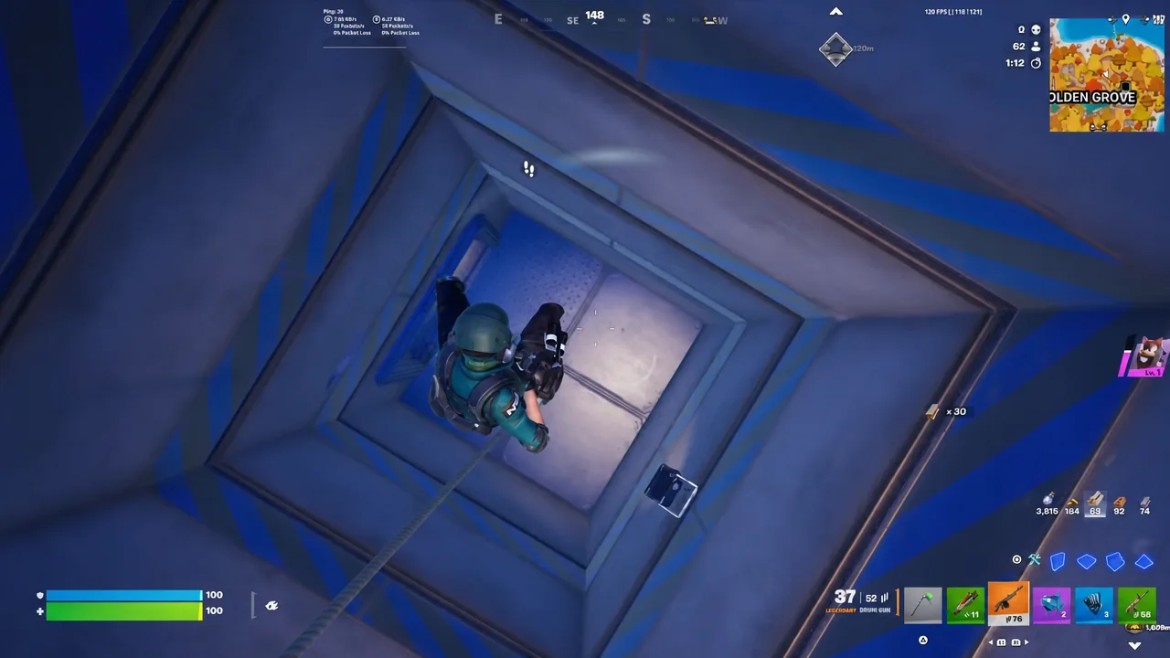 Player rides a zipline down into a square underground bunker shaft to loot