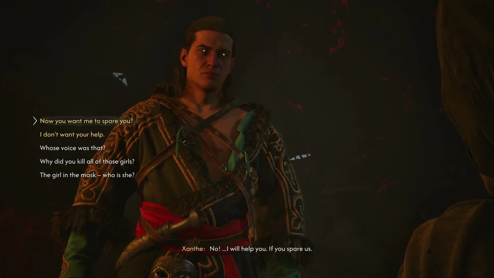 Dialogue wheel with the option "Now you want me to spare you?" highlighted after Xanthe's defeat.
