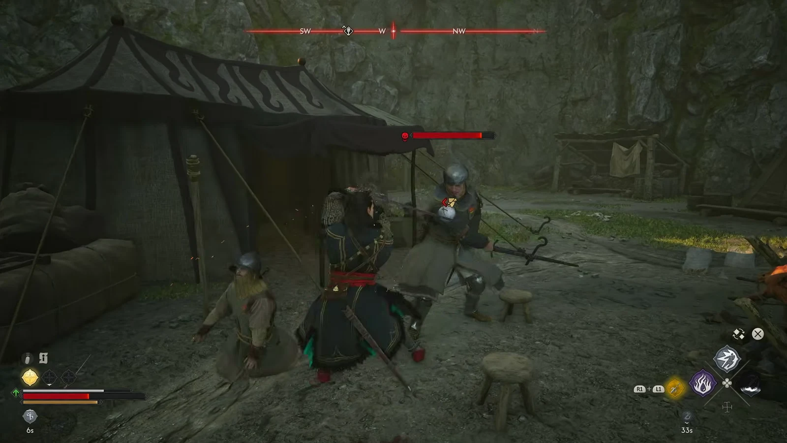 Coen striking an armored archer beside a tent, the enemy health bar half gone
