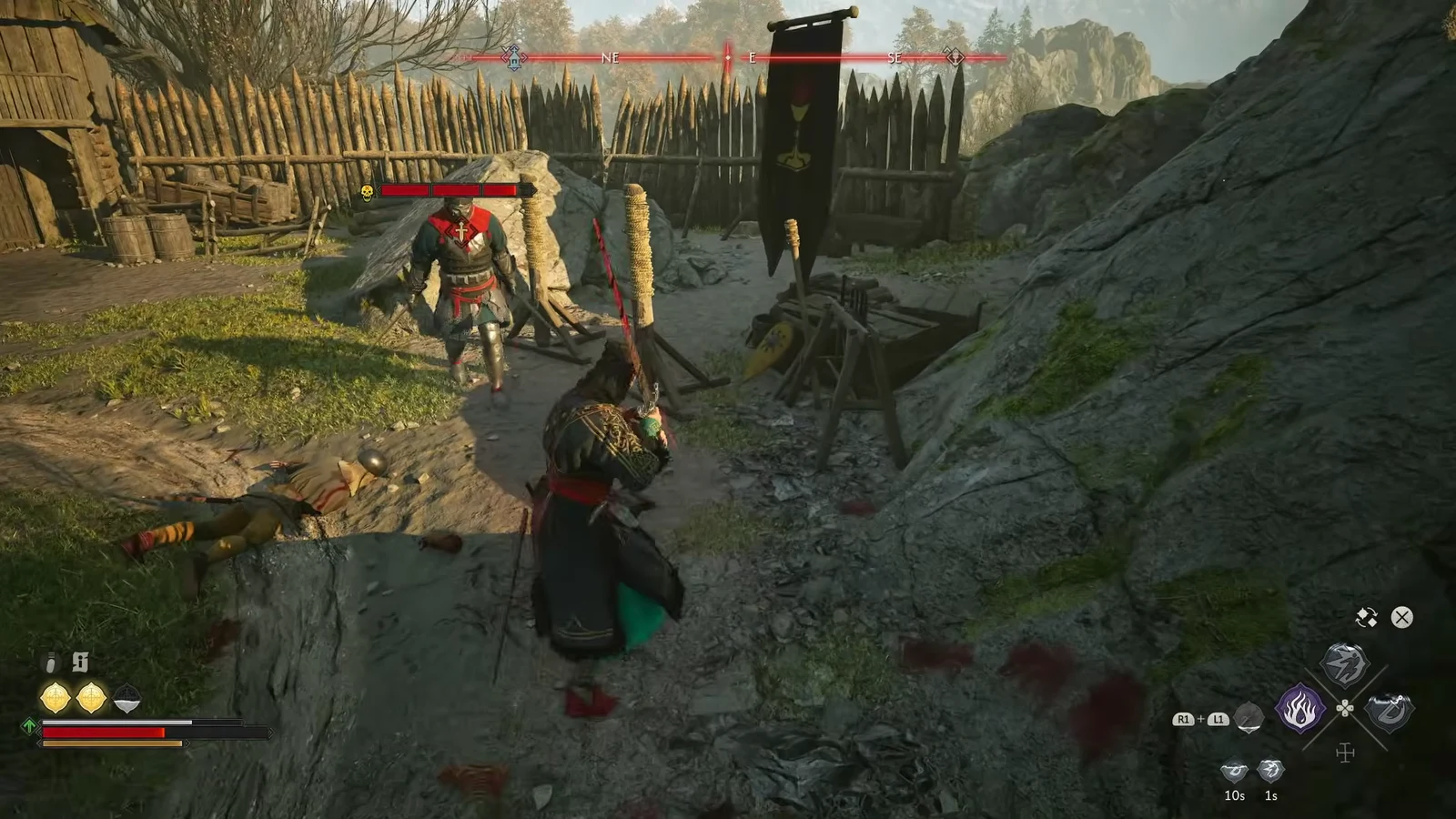 Locked-on armored Blood Guard with a red health bar during melee at the fortified camp