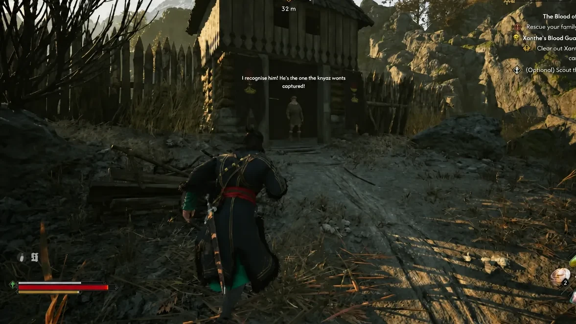 Coen walking toward a hut at the Blood Guard camp entrance with the quest objective on screen