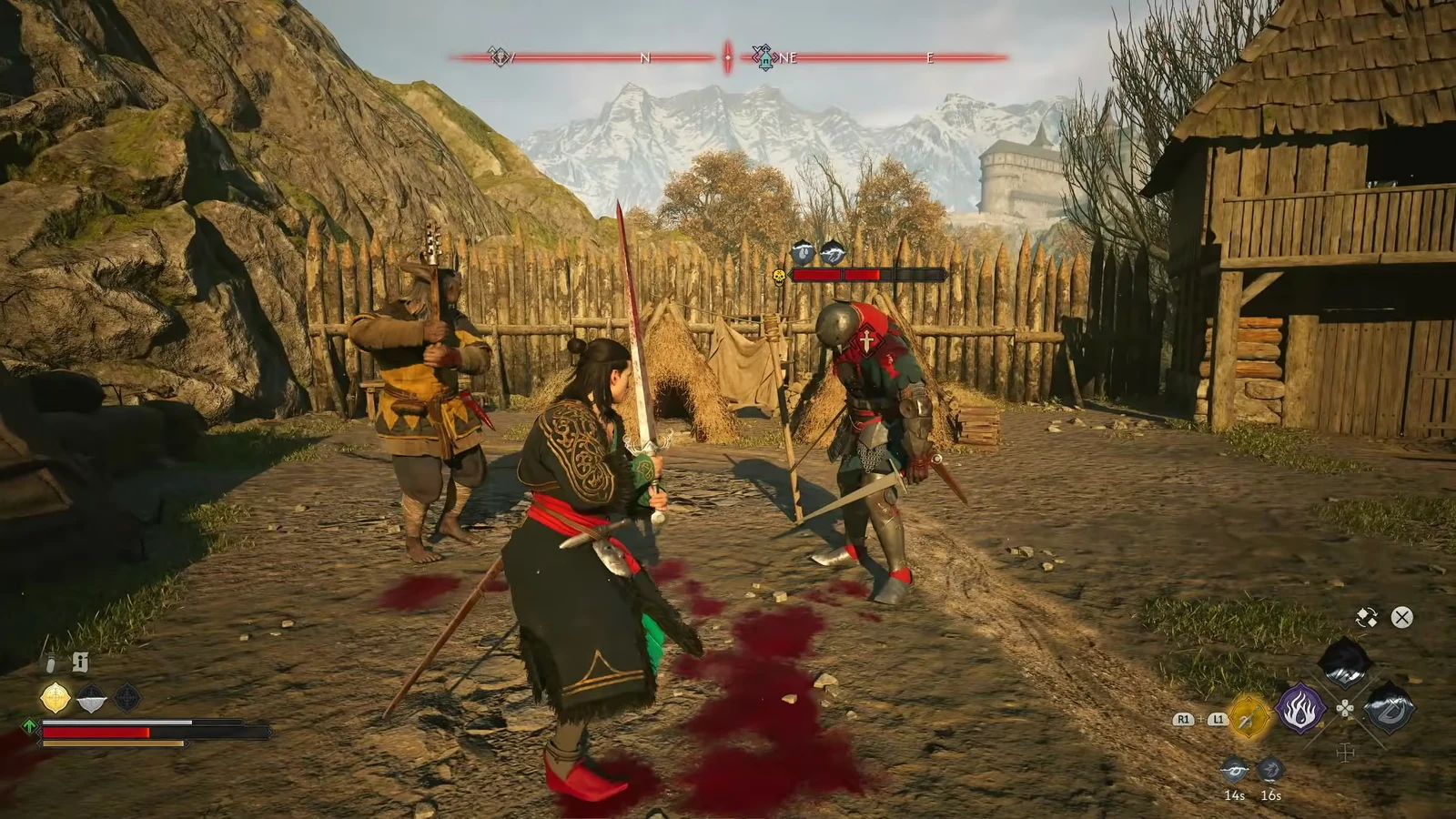 Coen fighting two armored enemies with a sword among the huts of the Blood Guard camp