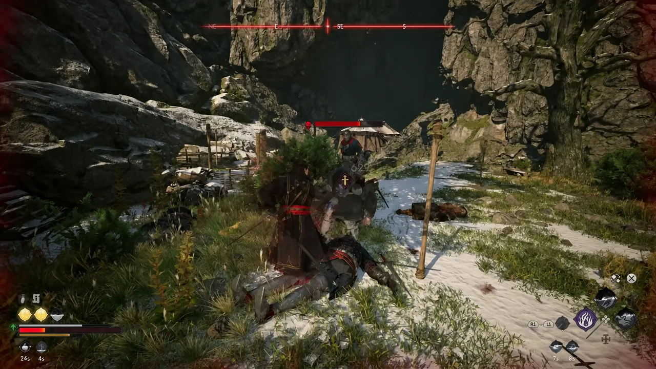 Coen landing a hit on the final camp enemy as the red health bar drains