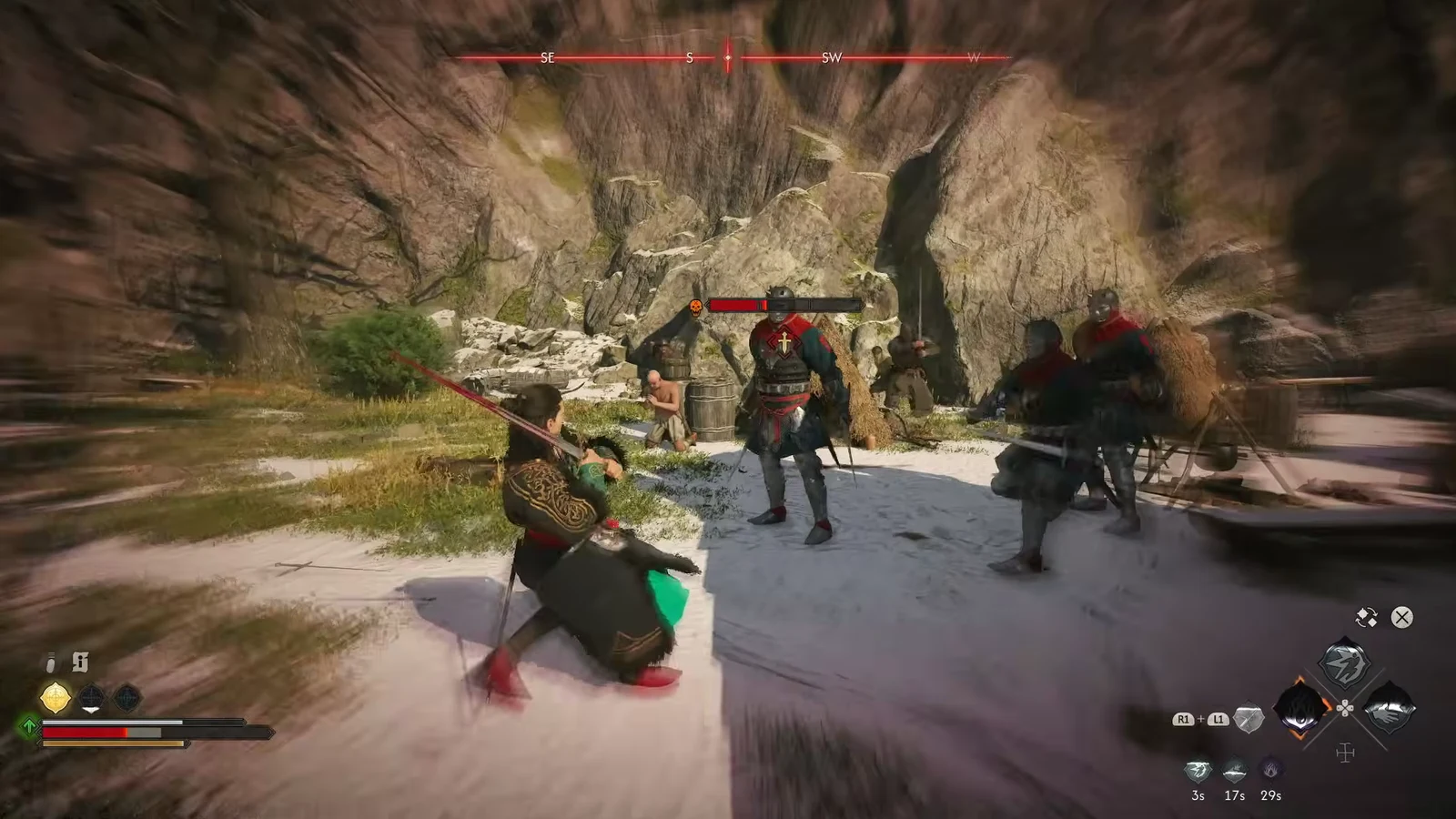 Coen rolling clear of several camp soldiers with an armored target's health bar partly drained
