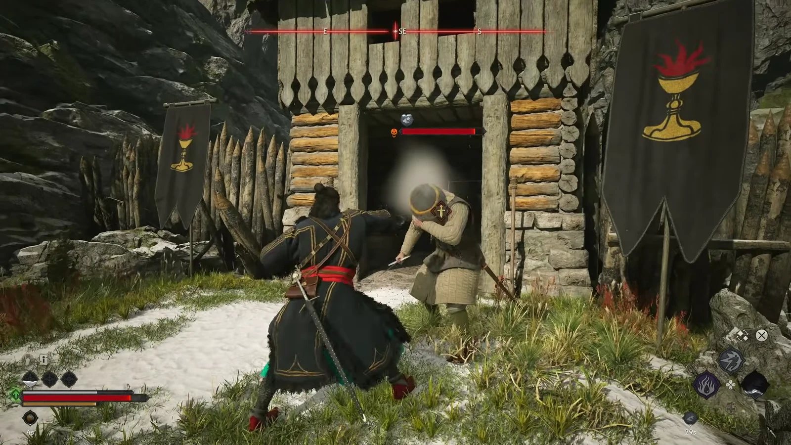 Coen swinging at a shield-carrying soldier in a fortified wooden doorway as the enemy health bar appears