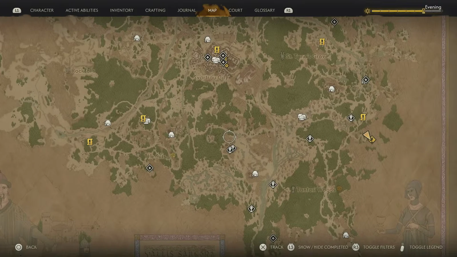 The Blood of Dawnwalker world map open with the Tantari Woods quest marker highlighted