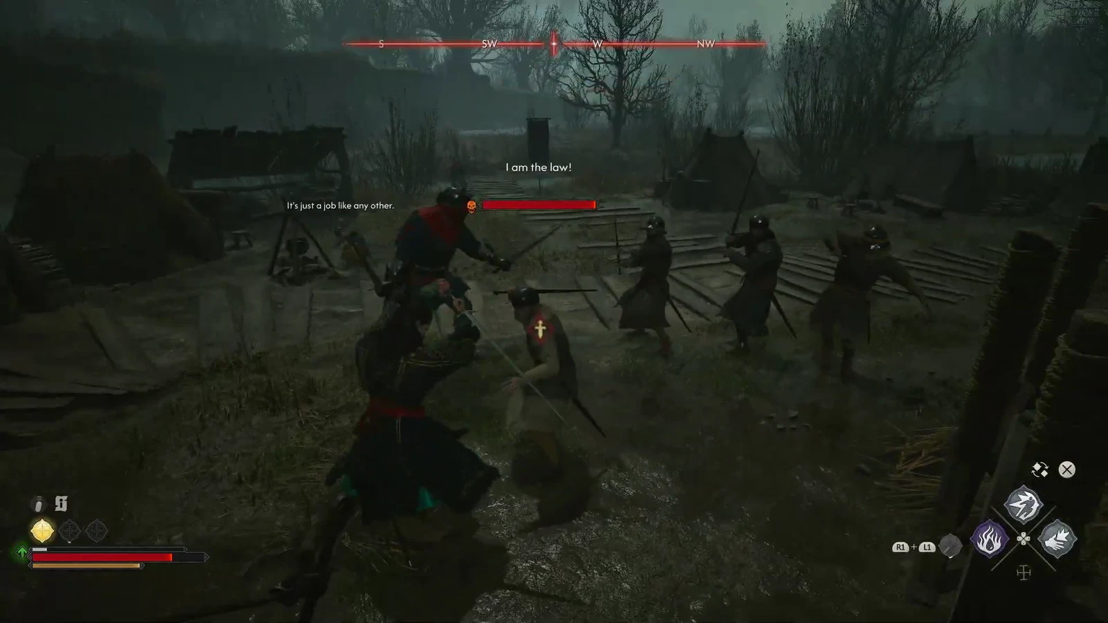 Coen fighting several of Xanthe's soldiers inside the swampy camp with enemy health bars on screen
