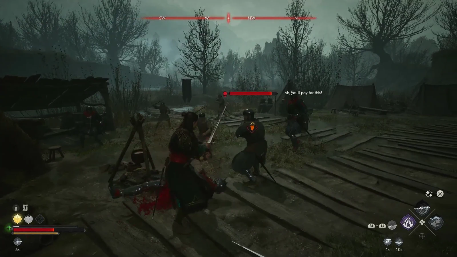 Coen striking a marked enemy whose red health bar is displayed above him