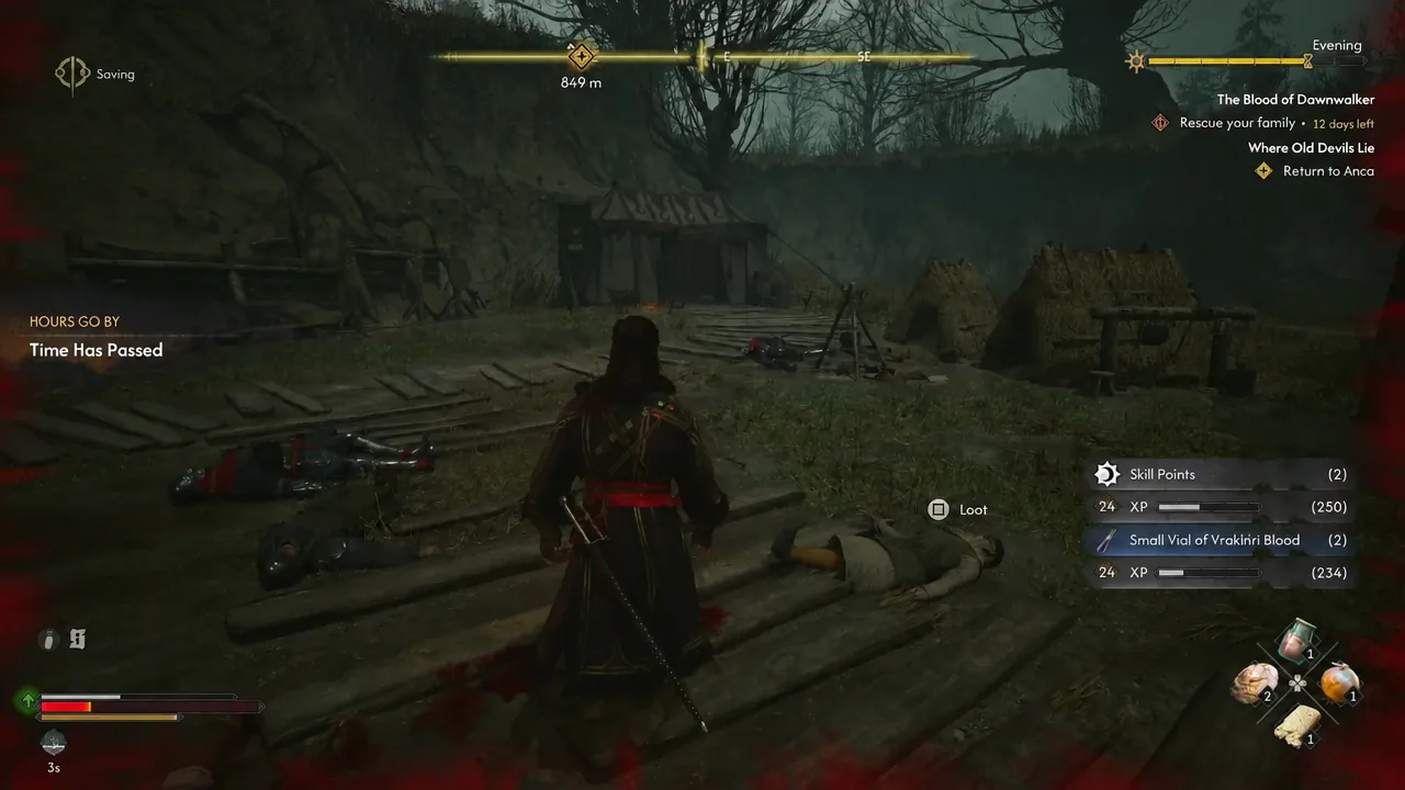 Loot prompt highlighting the Small Vial of Vrakshin Blood after the camp is cleared