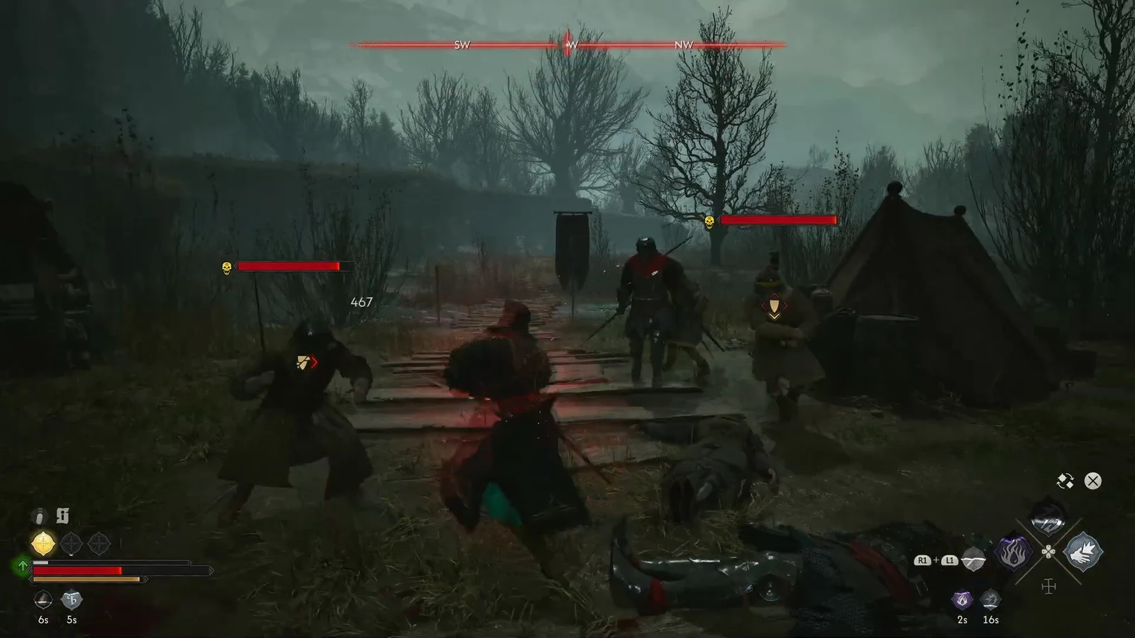 Combat on a narrow wooden bridge at the camp's edge with a damage indicator on screen