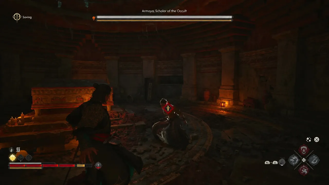 Armaya, Scholar of the Occult marked in red during the boss fight in the tomb chamber