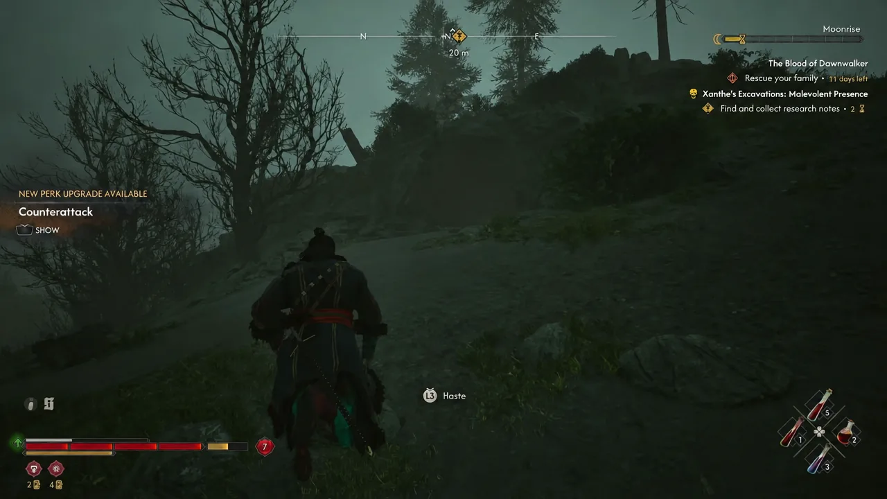 Gameplay screen showing a highlighted SHOW prompt for the Counterattack perk upgrade