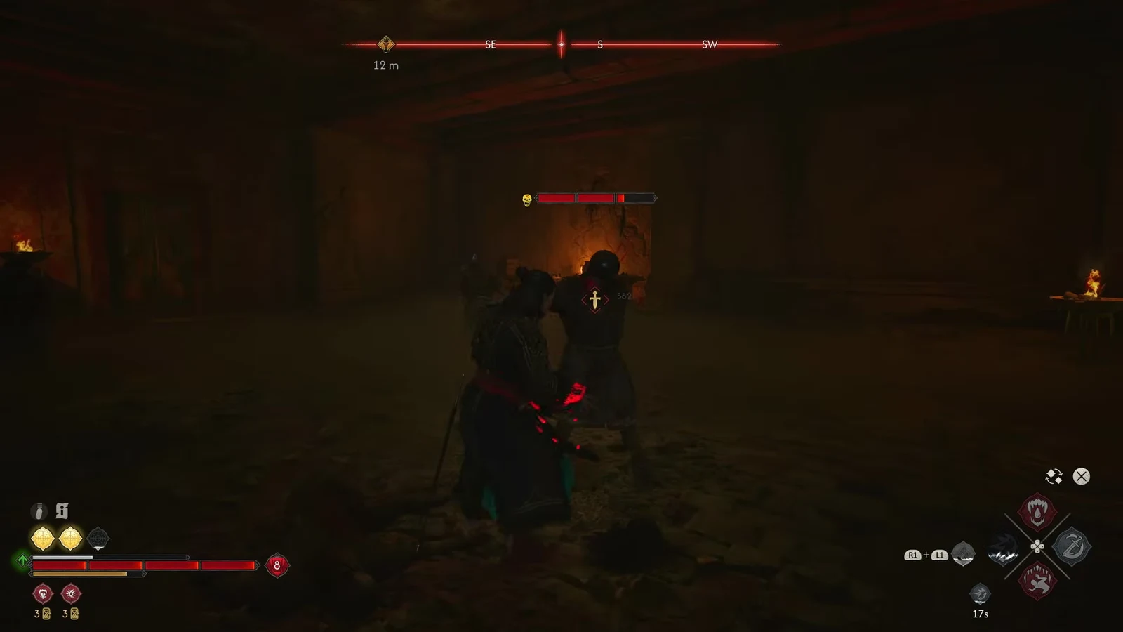 Combat view of the player striking a targeted armored enemy with its red health bar shown at the top