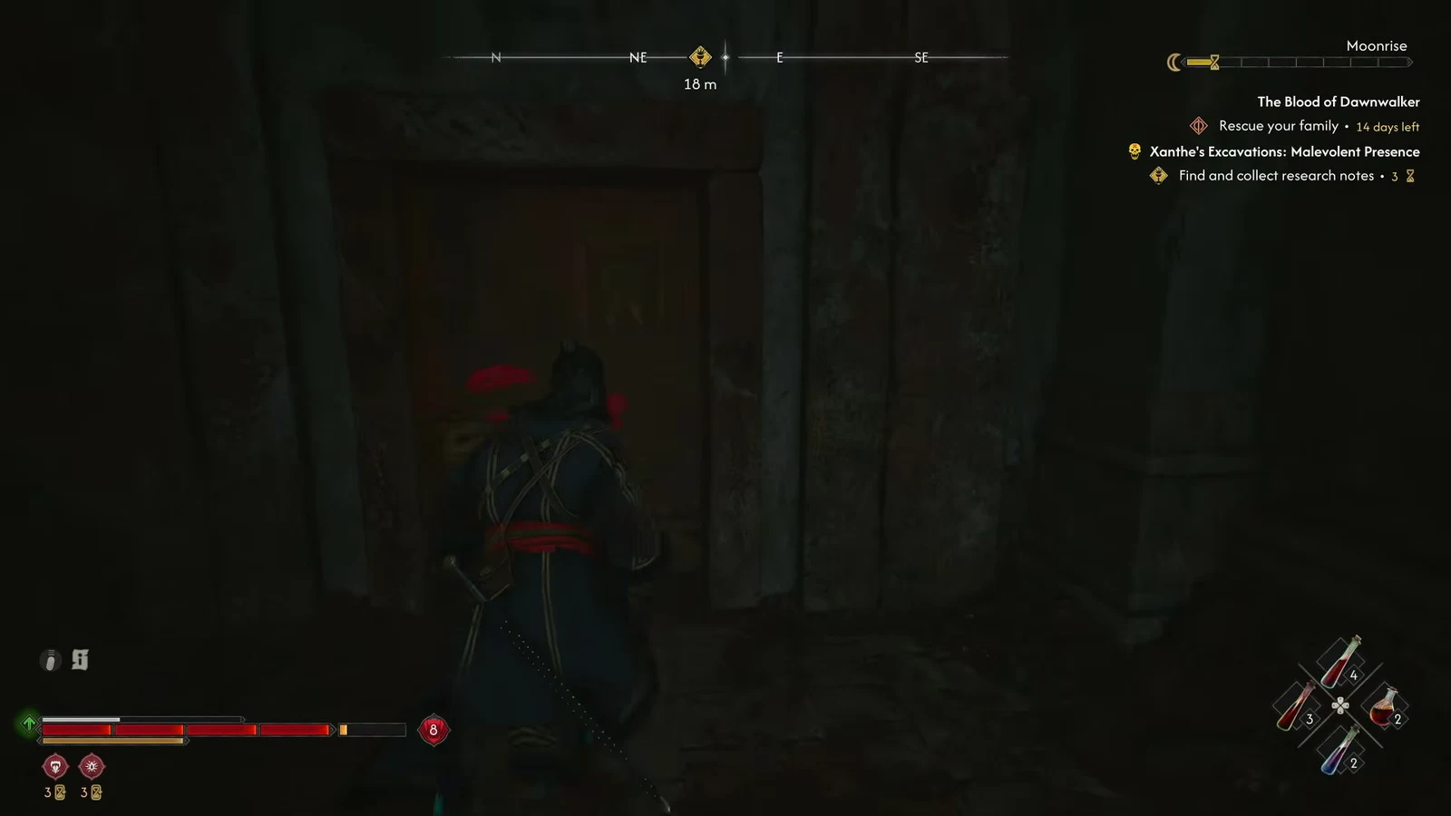 Character standing before a closed wooden door in a dark ruin with the objective marker 18 meters ahead