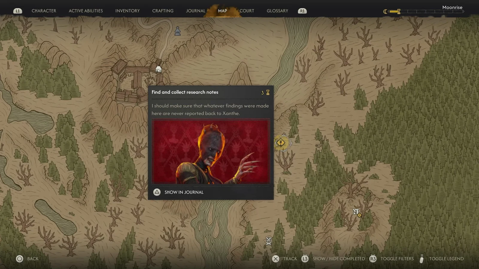 Map screen with the Find and collect research notes objective open and a Show in Journal option