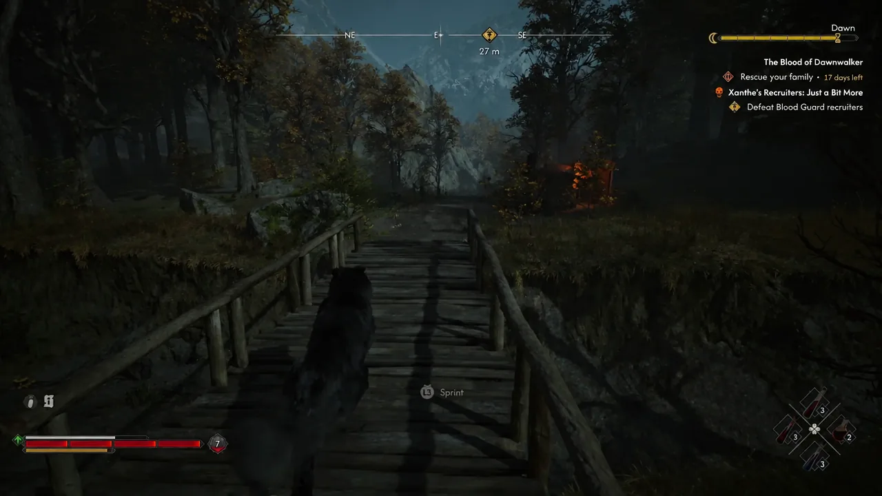 Coen sprinting across a bridge with the objective marker 27 meters ahead