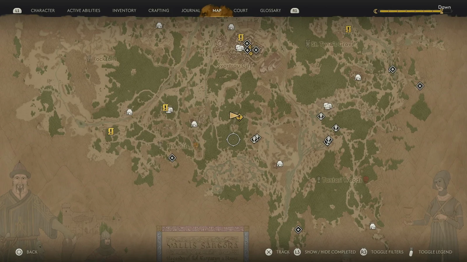 World map with the tracked yellow objective marker for the recruiter camp near the Silty Mug Inn