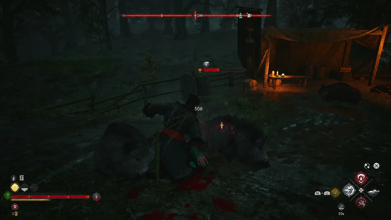 Combat HUD showing a 508 damage number as Coen strikes a Blood Guard recruiter