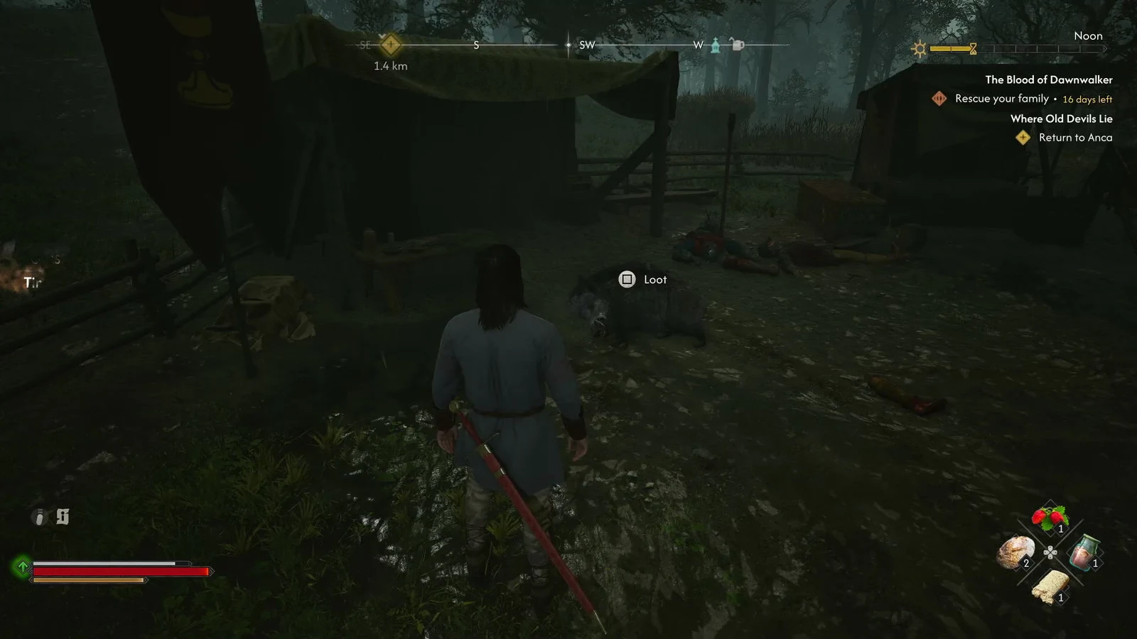 Coen standing over a highlighted body with the Loot interaction prompt on screen