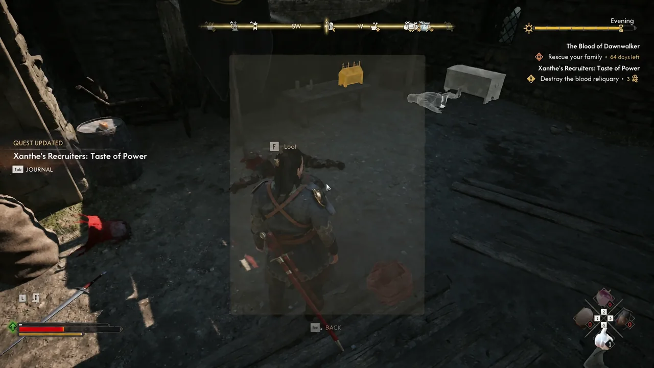 Loot prompt highlighting a fallen recruiter's body after the courtyard fight