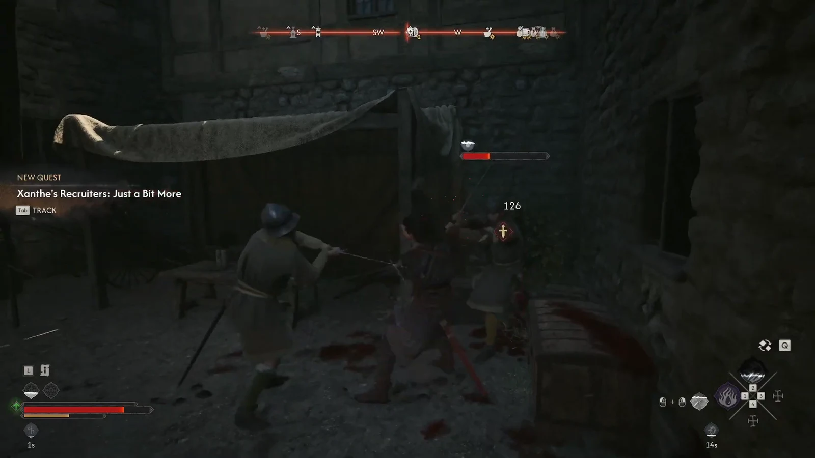 Xanthe's Recruiters: Just a Bit More appearing on screen as Coen swings his sword at an enemy