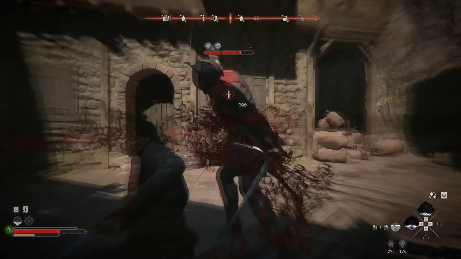 Coen striking a red-cloaked Blood Guard in the courtyard with the enemy health bar on screen