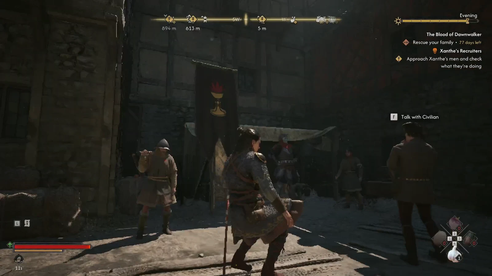 Talk prompt appearing over one of Xanthe's men in a Svartrau City courtyard
