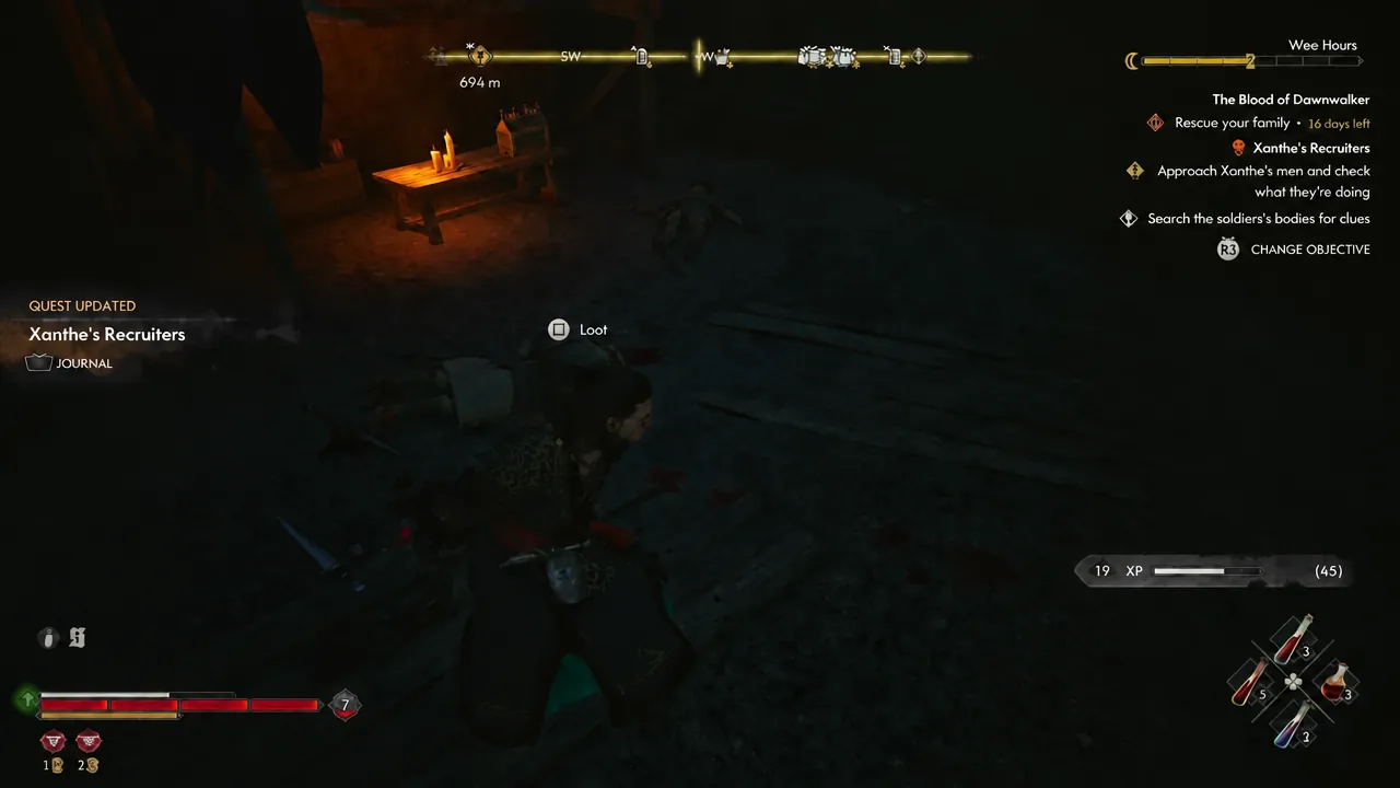 The square-button Loot prompt over a dead soldier during Xanthe's Recruiters