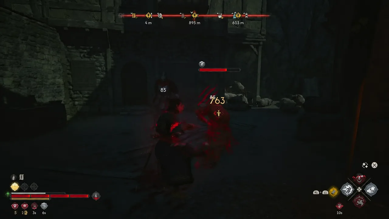 Coen striking a targeted recruiter, with the enemy health bar and damage numbers on screen